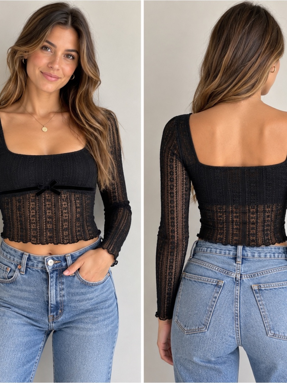 Kimchi Blue Jewel Lace Top Black Sheer Coquette Bow Long Sleeve Size Medium